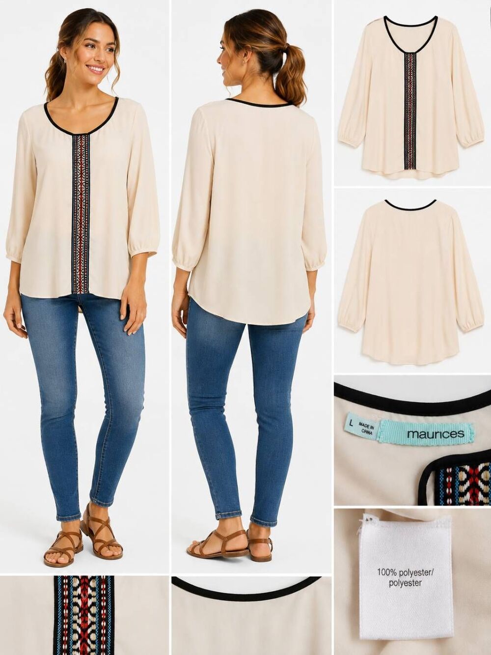 Maurices Women’s Boho Embroidered Peasant Blouse Size L Beige Long Sleeve Lightw